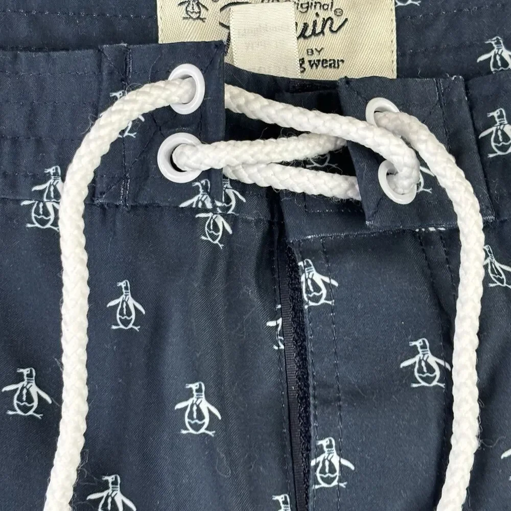 Penguin Swim Trunks Men's 38 Volley 6” Shorts Lined‎ Blue All Over Print Logo
